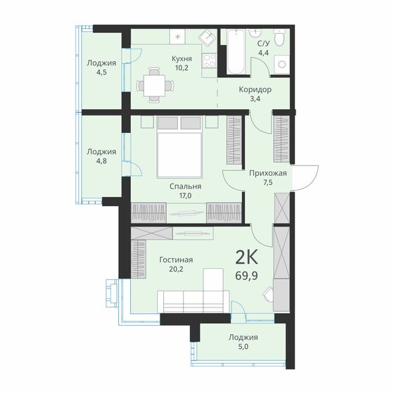 69,9 м², 2-комнатная квартира 8 300 000 ₽ - изображение 1