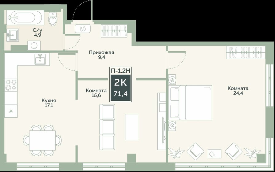 71 м², 2-комнатная квартира 4 498 200 ₽ - изображение 1
