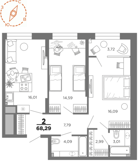 68,3 м², 2-комнатная квартира 9 236 484 ₽ - изображение 1