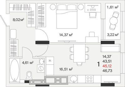 Квартира 45,1 м², 1-комнатная - изображение 1