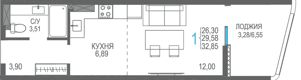 Квартира 29,6 м², 1-комнатная - изображение 1