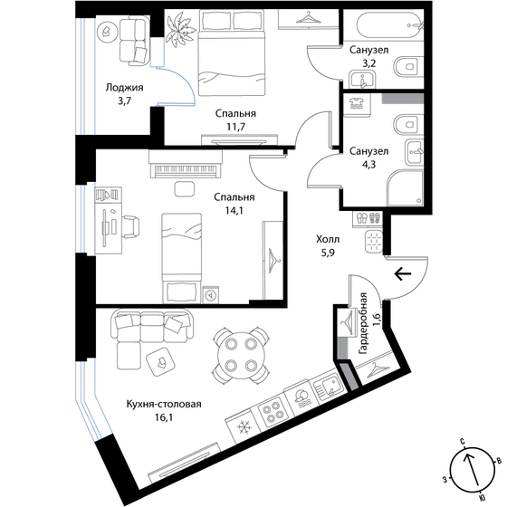 58,8 м², 3-комнатная квартира 9 996 000 ₽ - изображение 1