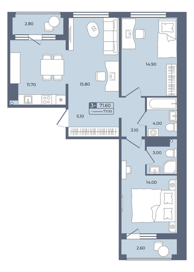 71,6 м², 3-комнатная квартира 10 400 000 ₽ - изображение 22