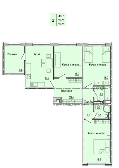 96,9 м², 3-комнатная квартира 9 205 500 ₽ - изображение 1