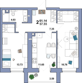 Квартира 61,1 м², 2-комнатная - изображение 1