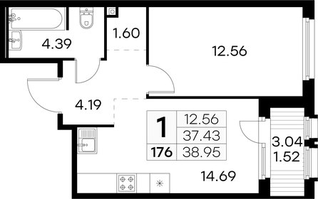 39 м², 1-комнатная квартира 6 789 999 ₽ - изображение 1