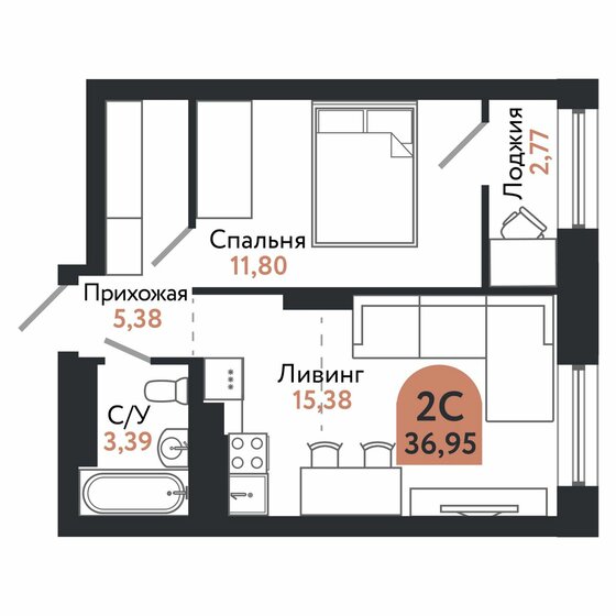 37 м², 2-комнатная квартира 5 927 120 ₽ - изображение 1