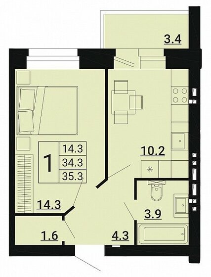 35,3 м², 1-комнатная квартира 2 859 300 ₽ - изображение 1