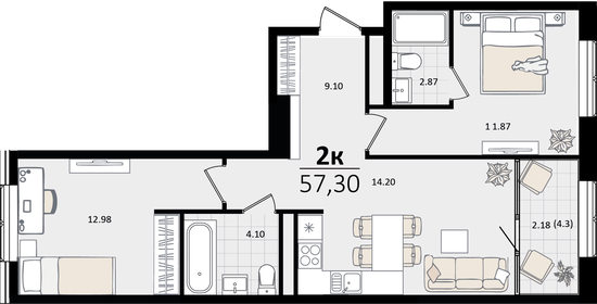 55 м², 2-комнатная квартира 16 865 432 ₽ - изображение 14