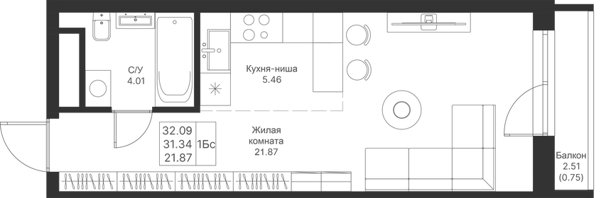 Квартира 32,1 м², студия - изображение 1