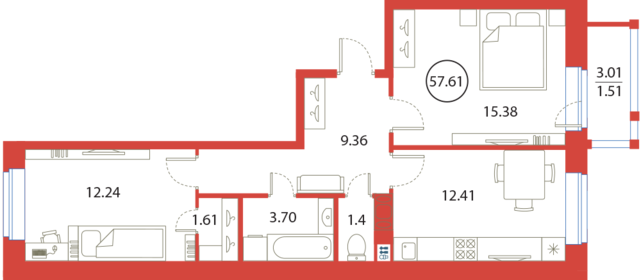 Квартира 57,6 м², 2-комнатная - изображение 1