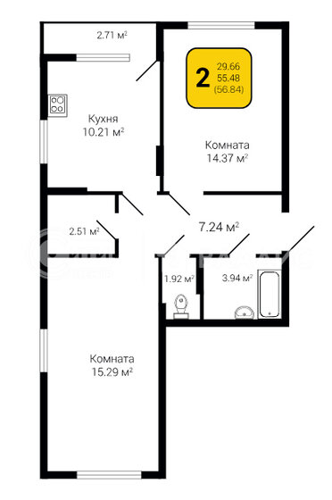 56,8 м², 2-комнатная квартира 5 968 200 ₽ - изображение 11