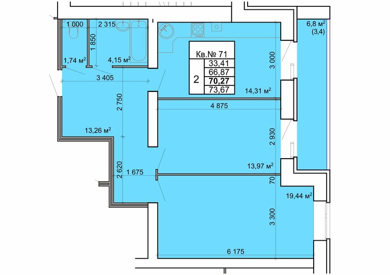 70,3 м², 2-комнатная квартира 6 956 730 ₽ - изображение 1