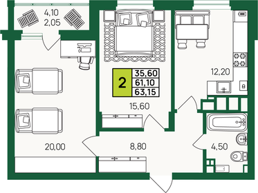 Квартира 63,2 м², 2-комнатная - изображение 1