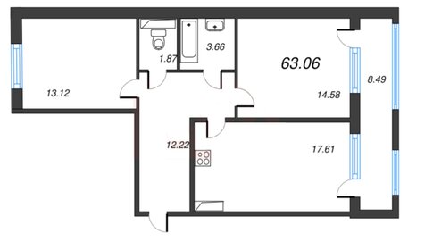 Квартира 63,1 м², 2-комнатная - изображение 1