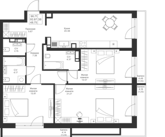 Квартира 96,7 м², 3-комнатная - изображение 1