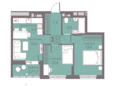 Квартира 52,4 м², 3-комнатная - изображение 1
