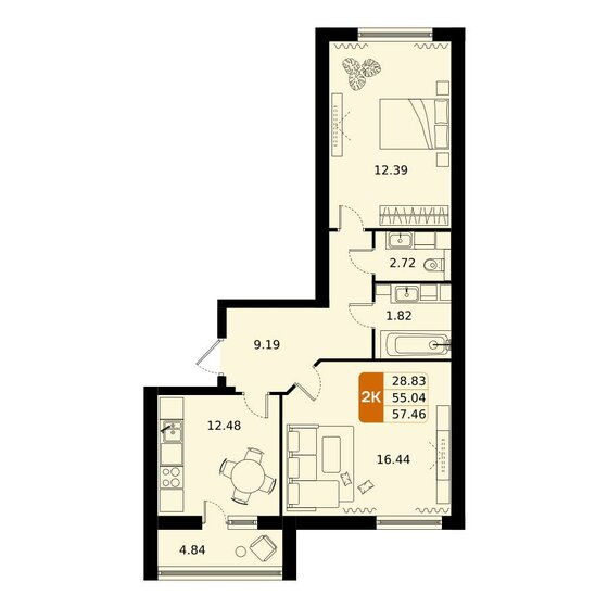 57,5 м², 2-комнатная квартира 9 549 852 ₽ - изображение 1