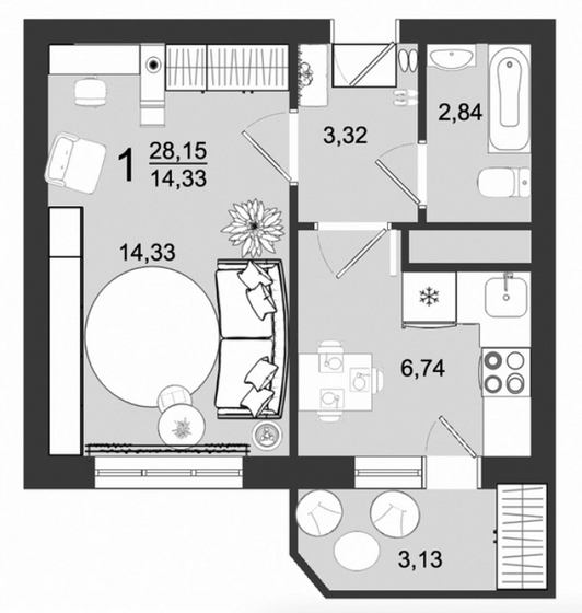 28,2 м², 1-комнатная квартира 3 920 000 ₽ - изображение 1