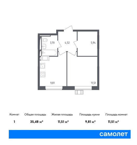 35,5 м², 1-комнатная квартира 6 708 210 ₽ - изображение 1