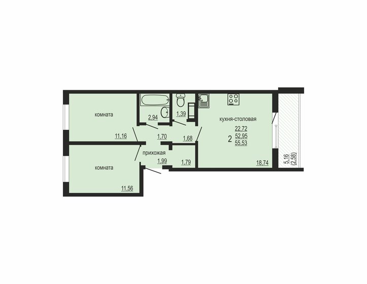55,5 м², 2-комнатная квартира 4 990 000 ₽ - изображение 1