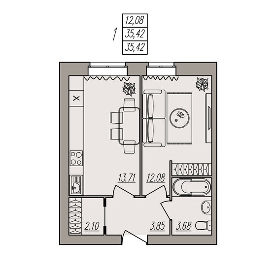 35,4 м², 1-комнатная квартира 4 958 800 ₽ - изображение 1