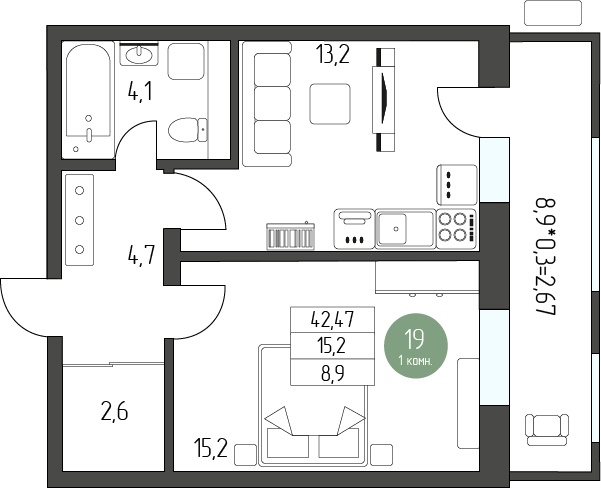 48,7 м², 1-комнатная квартира 6 115 680 ₽ - изображение 1