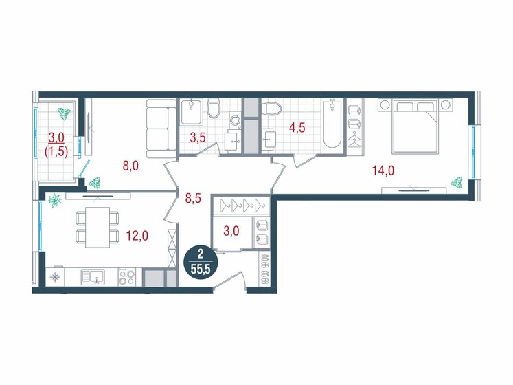 55 м², 2-комнатная квартира 18 035 656 ₽ - изображение 1