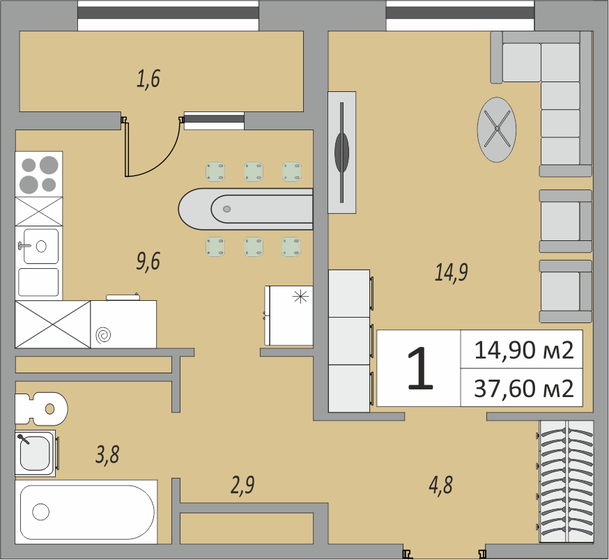 37,6 м², 1-комнатная квартира 2 863 616 ₽ - изображение 1