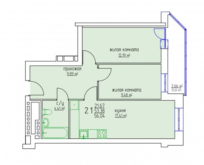 55,6 м², 2-комнатная квартира 7 618 000 ₽ - изображение 1