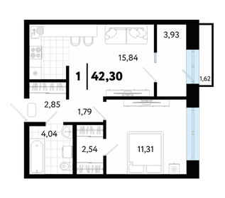 Квартира 42,3 м², 1-комнатная - изображение 1