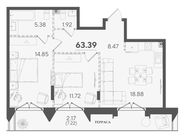 Квартира 63,4 м², 2-комнатная - изображение 1