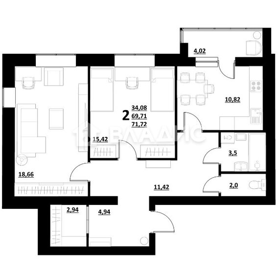 72 м², 2-комнатная квартира 7 600 000 ₽ - изображение 1