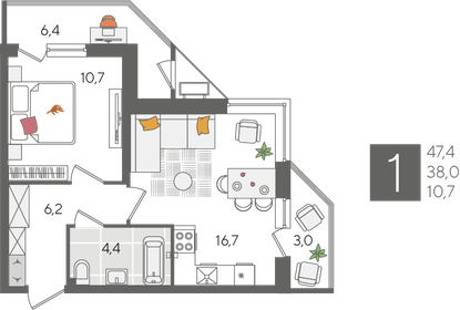 Квартира 47,4 м², 1-комнатная - изображение 2