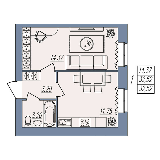 32,5 м², 1-комнатная квартира 3 349 560 ₽ - изображение 1