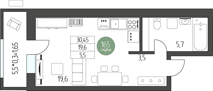 34,3 м², квартира-студия 5 024 250 ₽ - изображение 1