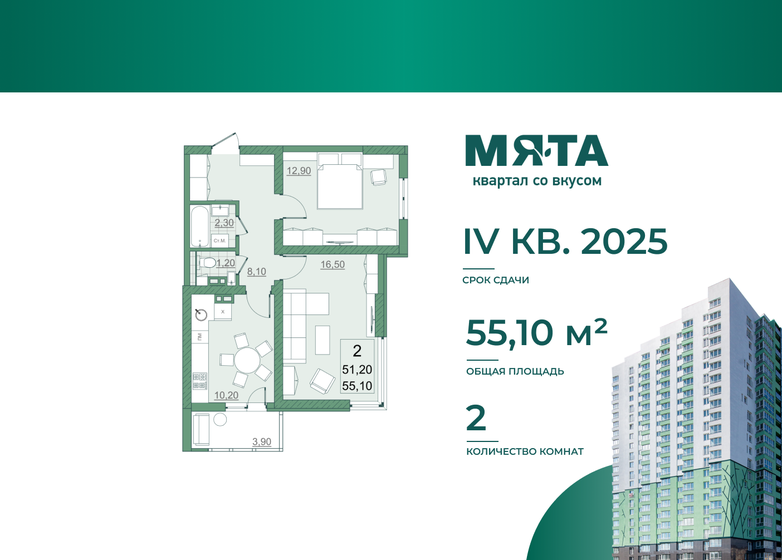 51,2 м², 2-комнатная квартира 5 273 600 ₽ - изображение 1