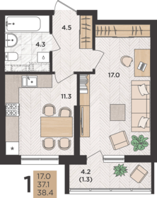 Квартира 38,4 м², 1-комнатная - изображение 1