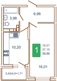 Квартира 41 м², 1-комнатная - изображение 1