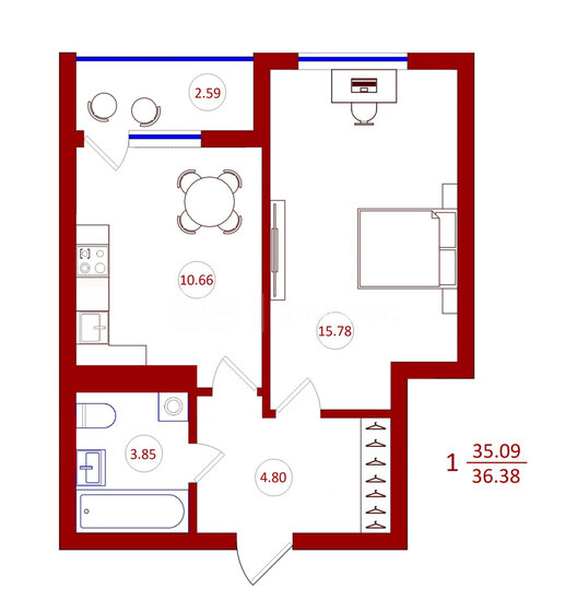 36,4 м², 1-комнатная квартира 3 856 280 ₽ - изображение 6