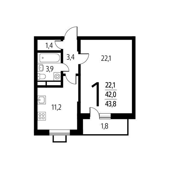 43,8 м², 1-комнатная квартира 10 314 900 ₽ - изображение 1