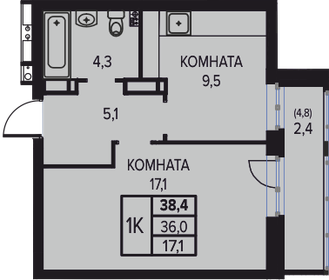 Квартира 38,4 м², 1-комнатная - изображение 1