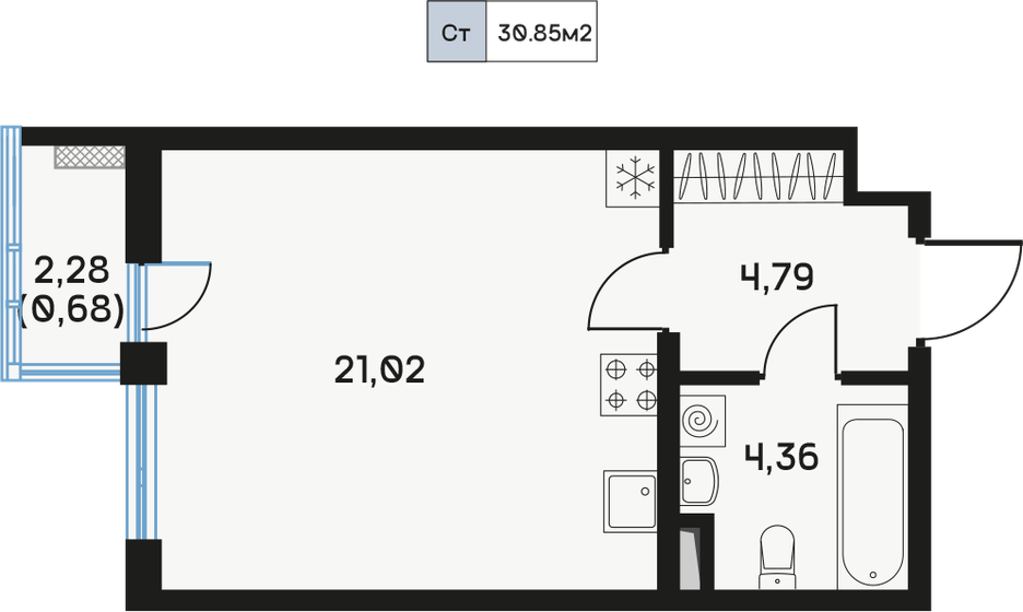 30,9 м², 1-комнатная квартира 11 714 573 ₽ - изображение 1