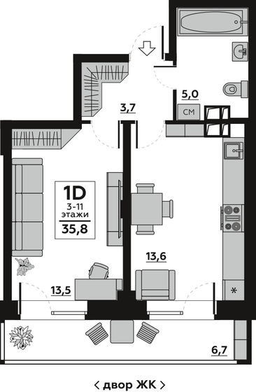35,8 м², 1-комнатная квартира 5 800 000 ₽ - изображение 1