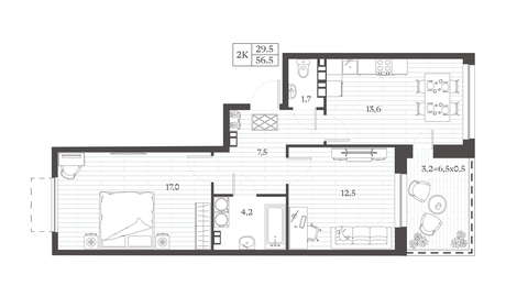 Квартира 56,5 м², 2-комнатная - изображение 1