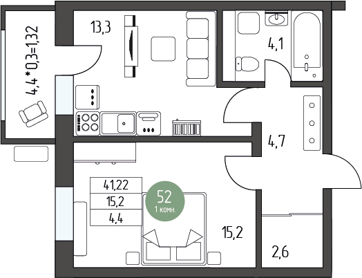 44,3 м², 1-комнатная квартира 6 100 560 ₽ - изображение 1