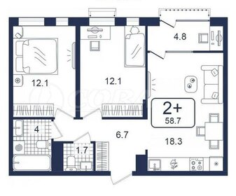 Квартира 58,3 м², 2-комнатная - изображение 1