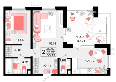 Квартира 68,3 м², 2-комнатная - изображение 1