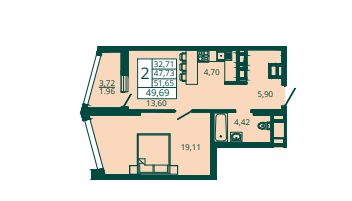 Квартира 49 м², 1-комнатная - изображение 1