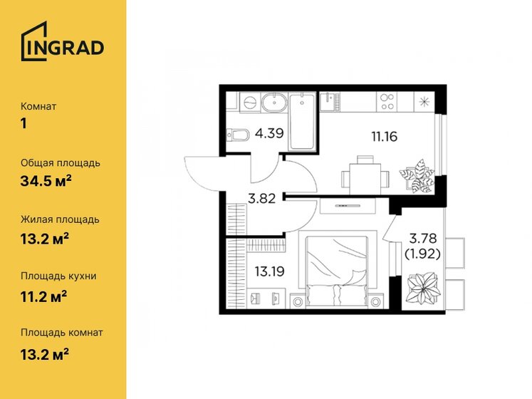 34,5 м², 1-комнатная квартира 7 464 785 ₽ - изображение 1